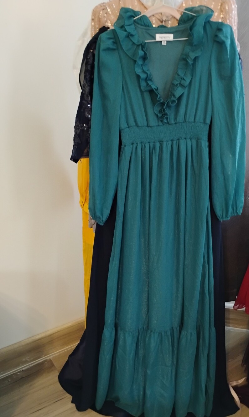Women’s Teal Ruffle V-Neck Long Sleeve Maxi Dress